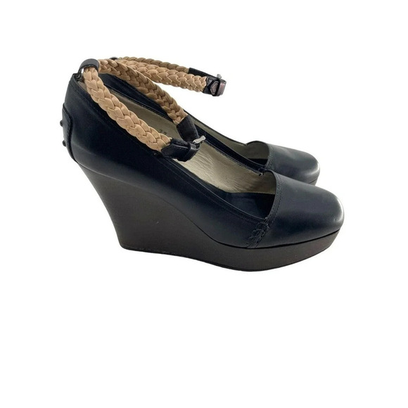 TOD'S Womens size US 7 Black Leather Platform Wedge Shoes Strap EU 37 Dust Bag - Picture 1 of 16